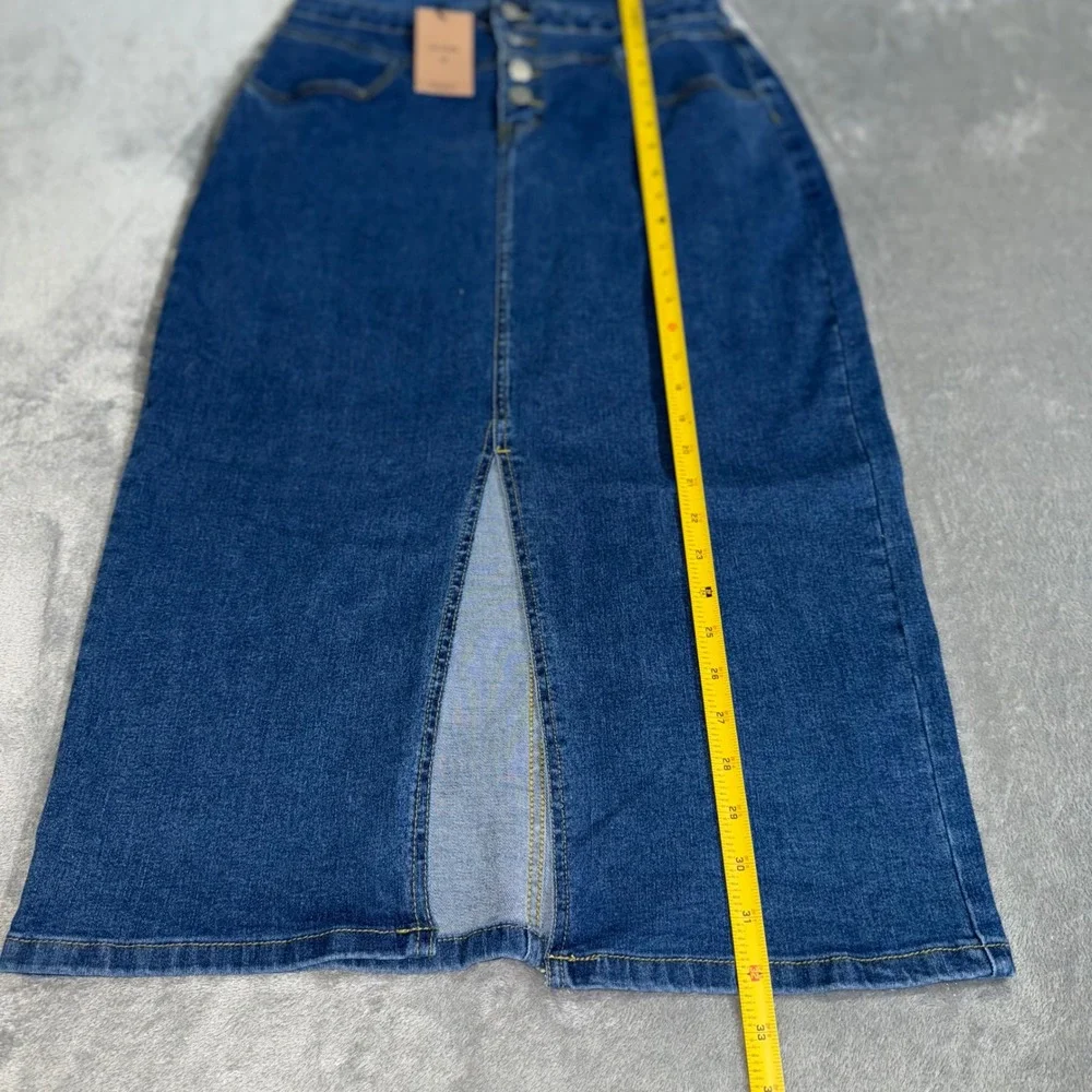 Denim Midi Skirt Button Front High Waist Slit Dark Wash Blue Women's Medium - Picture 6 of 7